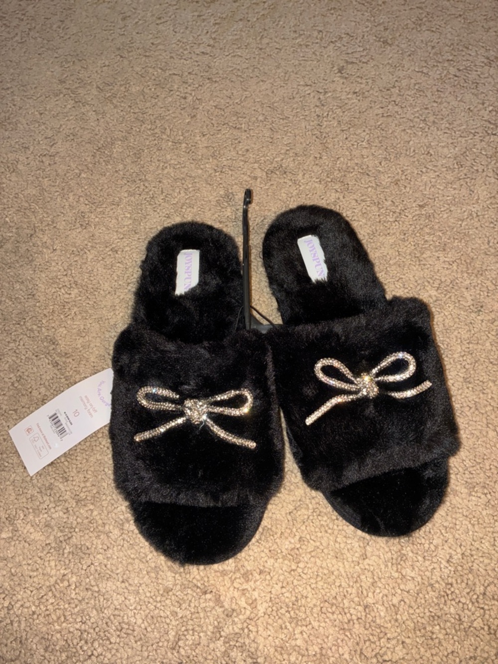 Black Faux Fur Slide Slippers with Crystal Bow Accent